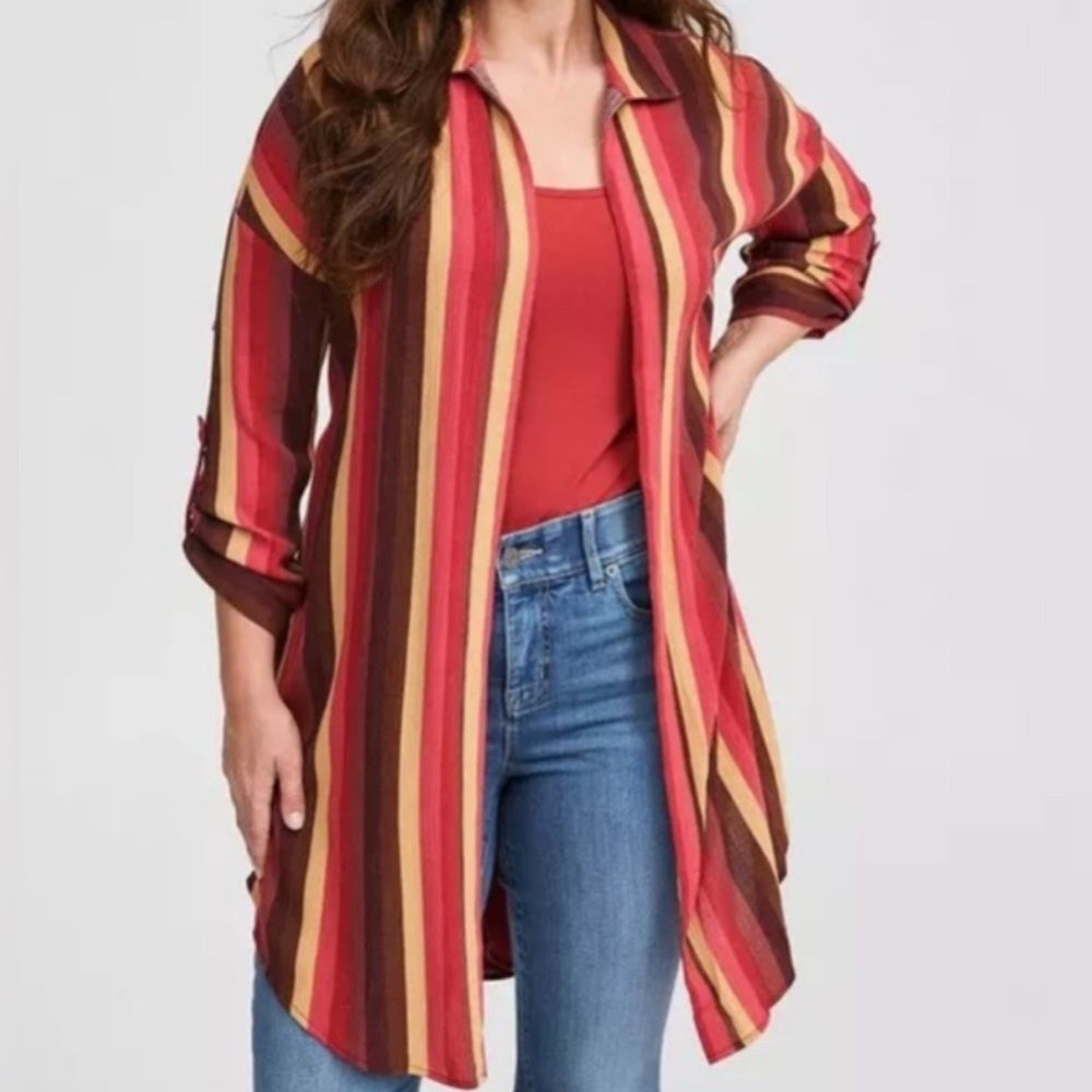 Striped Long Open Front Women's Tunic